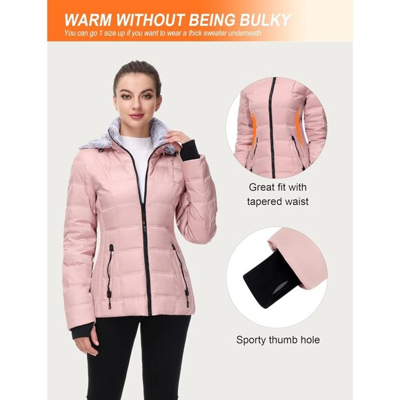 π Women Pink Down Puffer Jacket Warm Winter Coat Faux-Fur Collar Hooded Comfort - Picture 6 of 7